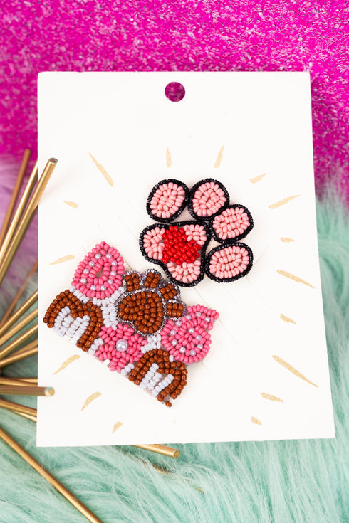 Pink Paw Print & Dog Mom Seed Bead Hat Pin Set