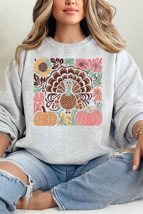 Fall Floral Turkey Heavy Blend Crew Sweatshirt