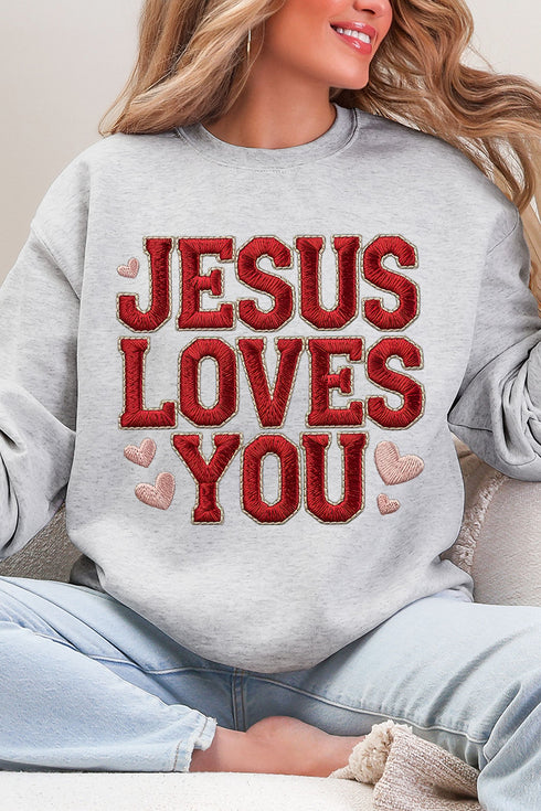 Faux Embroidery Jesus Loves You Heavy Blend Crew Sweatshirt