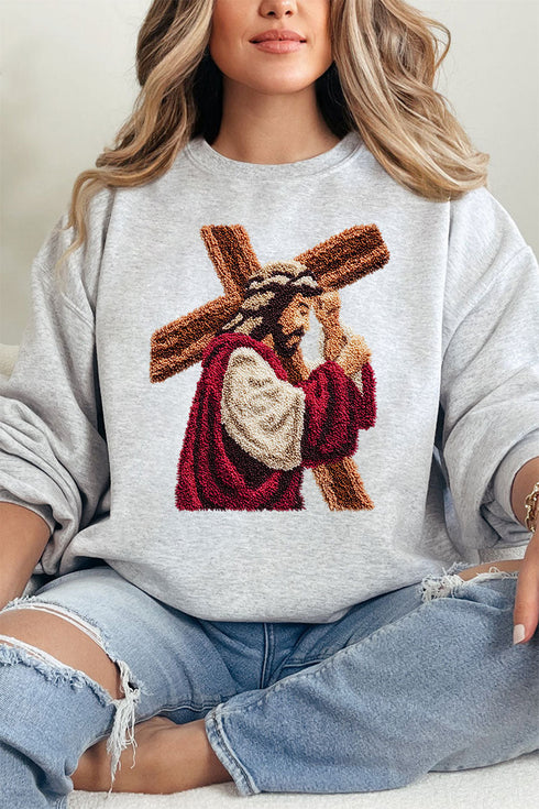Faux Yarn Jesus At The Cross Heavy Blend Crew Sweatshirt