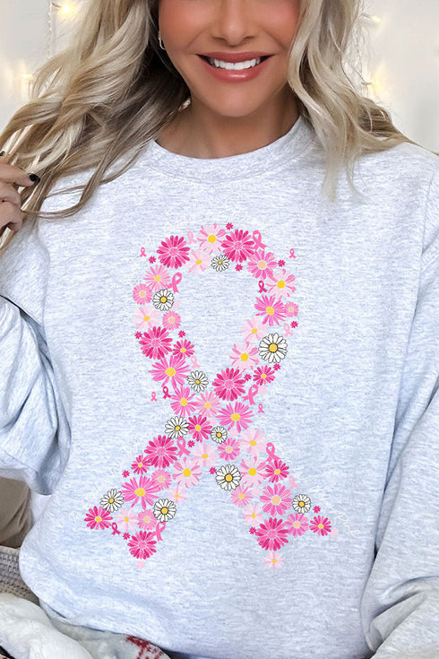 Floral In October We Fight Ribbon Heavy-weight Crew Sweatshirt