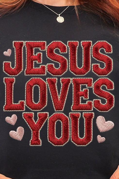 Faux Embroidery Jesus Loves You Heavy Blend Crew Sweatshirt