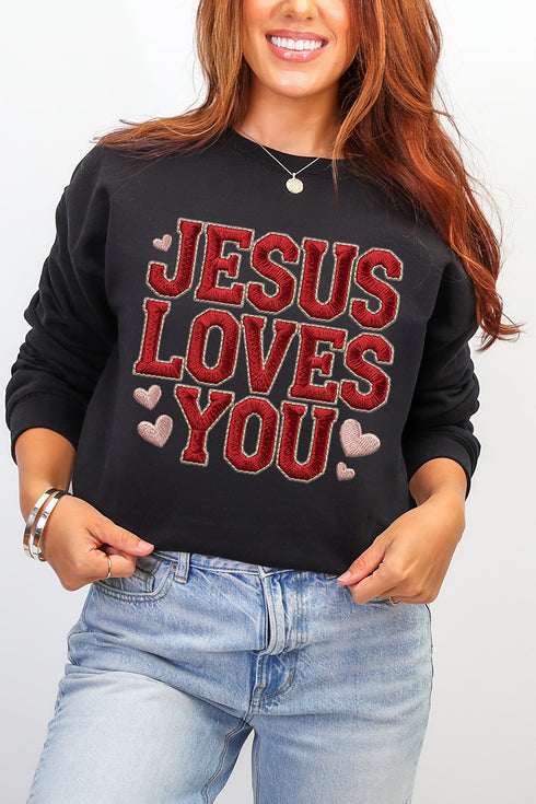 Faux Embroidery Jesus Loves You Heavy Blend Crew Sweatshirt
