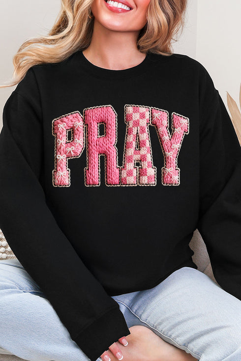 Pink Faux Yarn Coquette Pray Heavy Blend Crew Sweatshirt