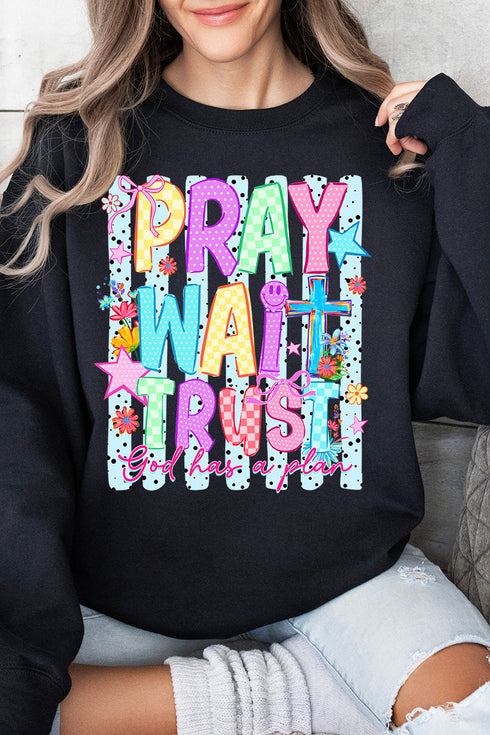 Pray Wait Trust Bright Doodle Heavy Blend Crew Sweatshirt