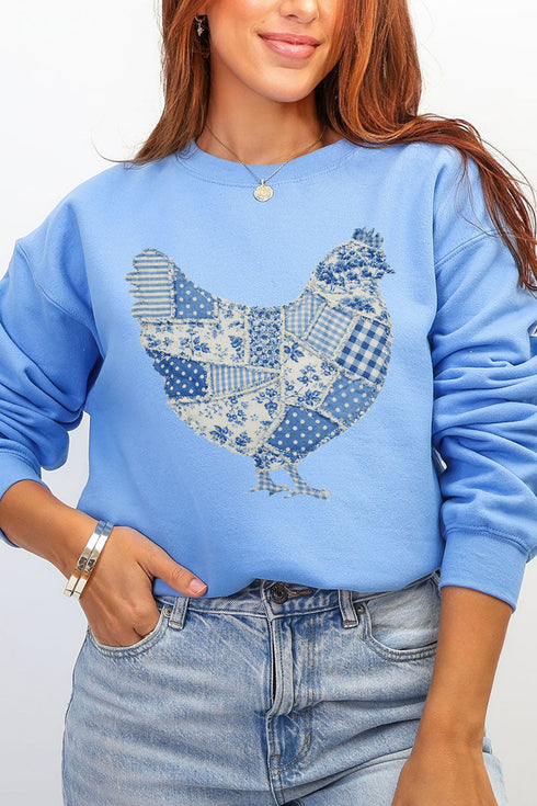 Faux Patchwork Blue Chicken Heavy Blend Crew Sweatshirt