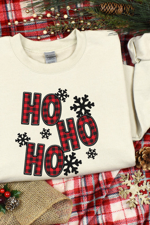 Faux Embroidery Ho Ho Ho Transfer Heavy-weight Crew Sweatshirt