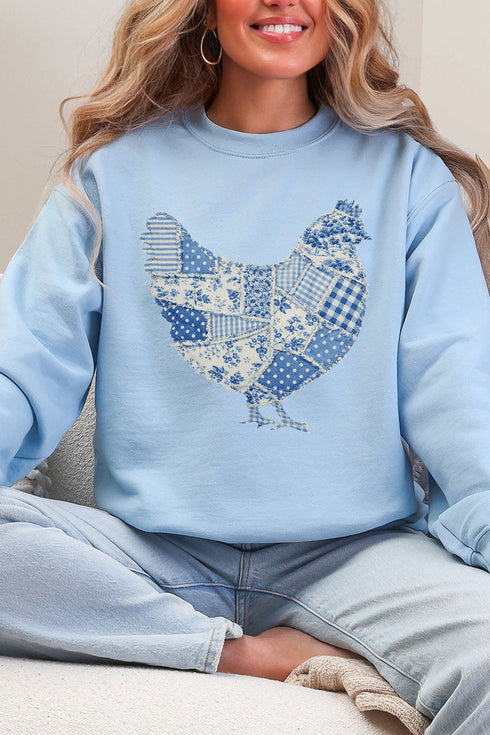 Faux Patchwork Blue Chicken Heavy Blend Crew Sweatshirt
