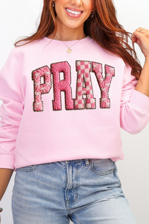 Pink Faux Yarn Coquette Pray Heavy Blend Crew Sweatshirt
