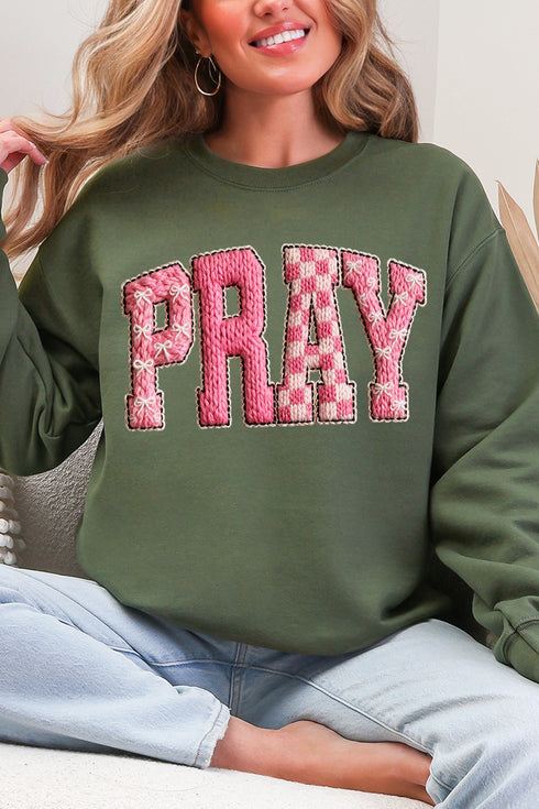 Pink Faux Yarn Coquette Pray Heavy Blend Crew Sweatshirt