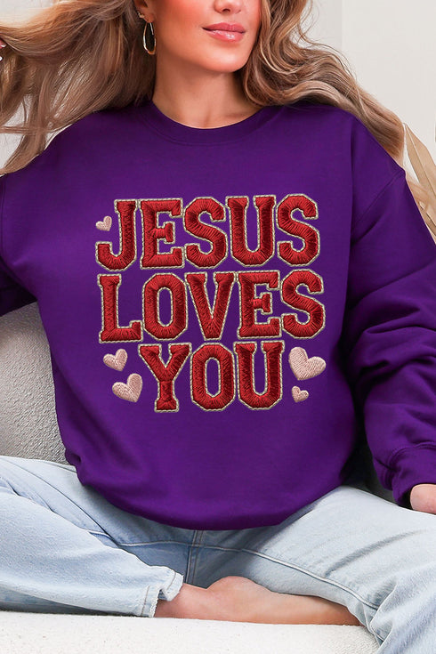 Faux Embroidery Jesus Loves You Heavy Blend Crew Sweatshirt