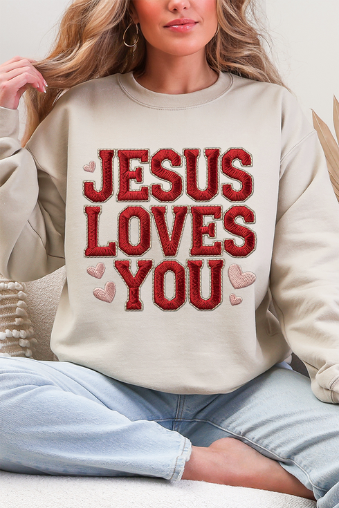 Faux Embroidery Jesus Loves You Heavy Blend Crew Sweatshirt