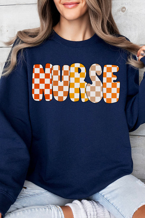 Checkered Autumn Nurse Heavy-weight Crew Sweatshirt