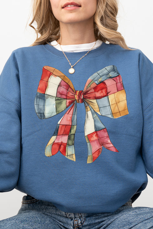 Faux Patchwork Red Bow Heavy-weight Crew Sweatshirt