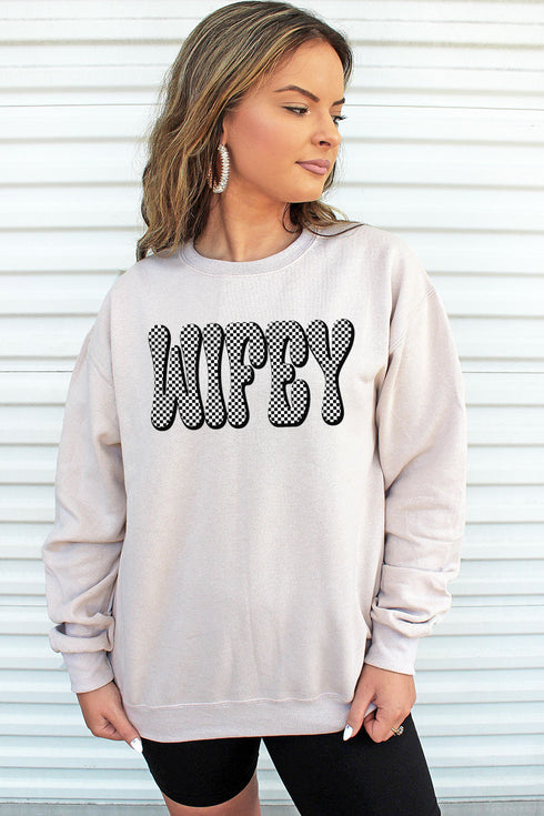 Retro Checkered Wifey Heavy-weight Crew Sweatshirt