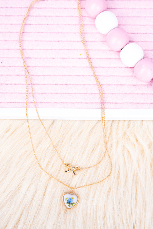 Blue Heart Of Rose Pendant Layered Goldtone Necklace