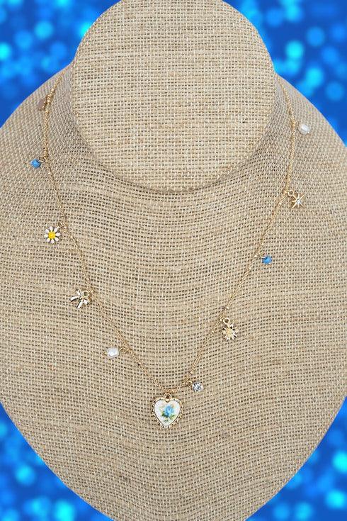 Blue Cottage Bloom Goldtone Charm Necklace