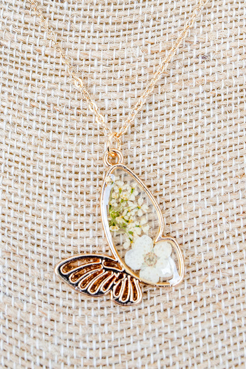 White Meadow Song Goldtone Butterfly Necklace