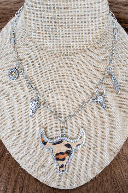 Wild Soul Leopard Steer Silvertone Charm Necklace