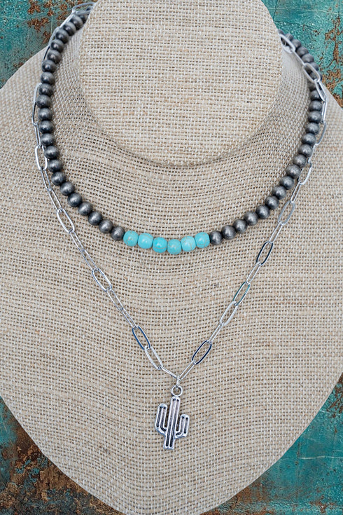 Westline Cactus Turquoise & Silver Pearl Double Necklace Set