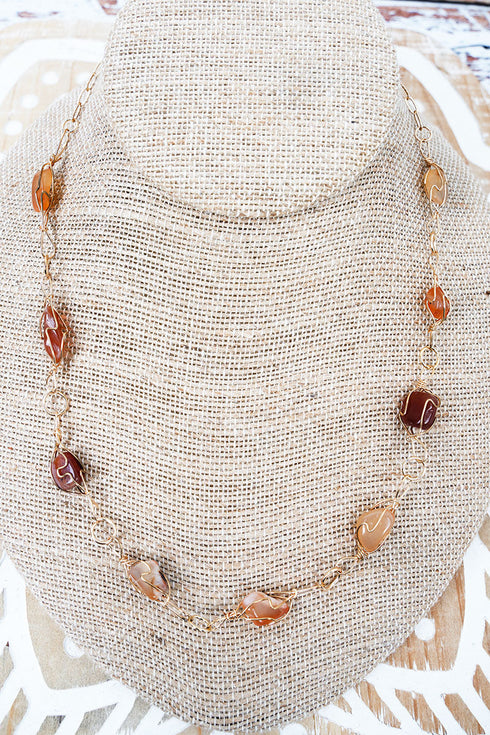 Celeste Light Brown Stone Beaded Goldtone Necklace