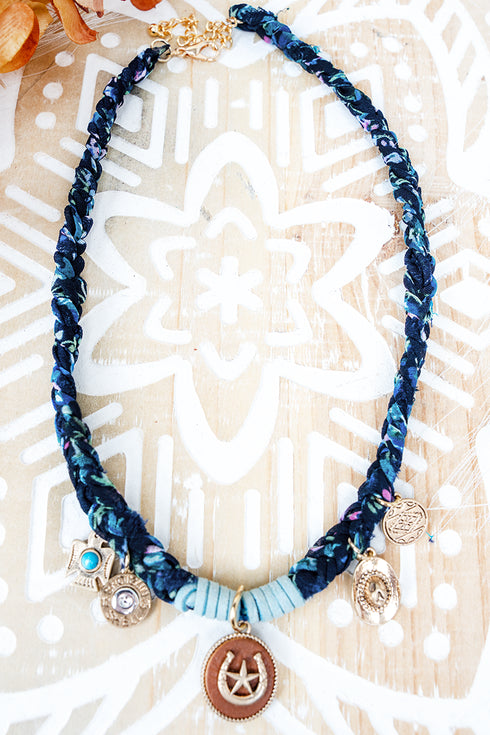 Goldtone Ranch Romance Blue Fabric Necklace