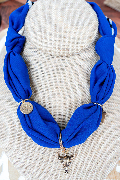 Blue Western Muse Steer Pendant Fabric Necklace