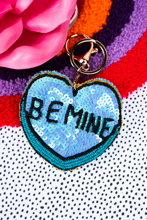 BE MINE Blue Sequin Keychain
