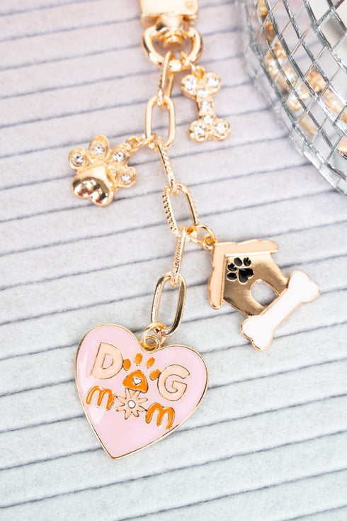 Pink Crystal Bone-A-Fide Dog Mom Goldtone Bag Charm