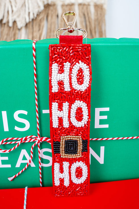 Holiday Ho Ho Ho Red Seed Bead Wristlet Keychain