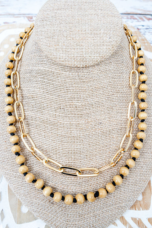 Seville Taupe Wood Bead & Goldtone Chain Layered Necklace