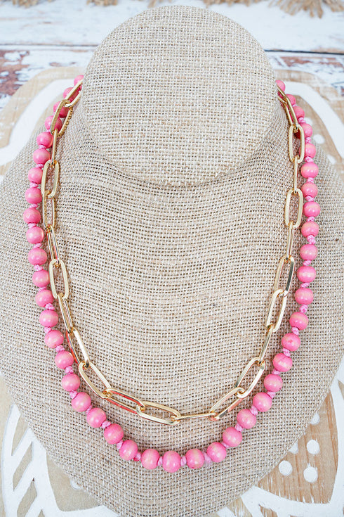 Seville Rose Wood Bead & Goldtone Chain Layered Necklace