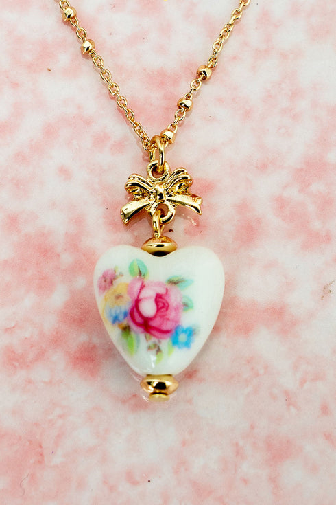 Pink Porcelain Heart Goldtone Necklace