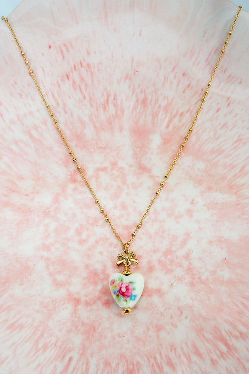 Pink Porcelain Heart Goldtone Necklace