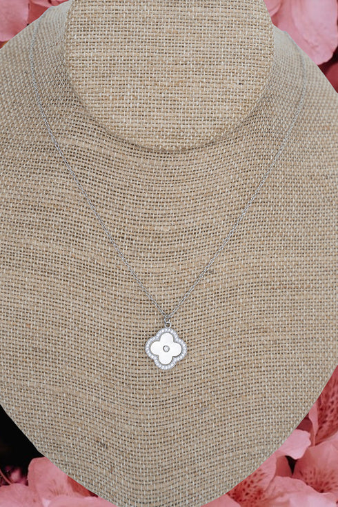 Cubic Zirconia Clover Serenity Silvertone Necklace