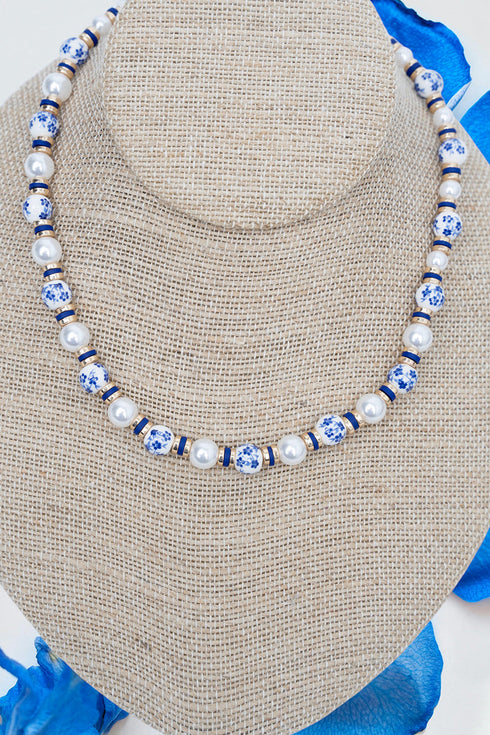 Blue Wildflower Whispers Pearl Beaded Necklace