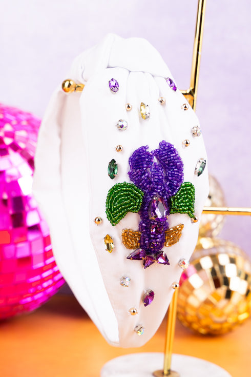 Mardi Gras Crawfish Seed Bead White Knotted Headband