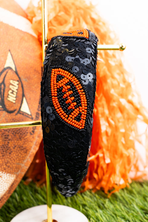 Orange and Black Football Seed Bead Sequin Headband