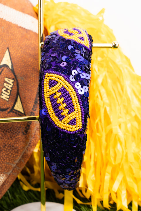 Purple and Yellow Football Seed Bead Sequin Headband