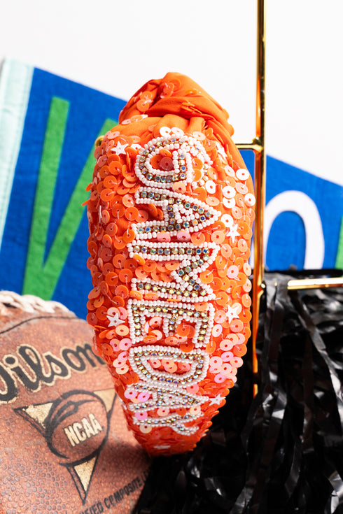 Orange Gameday Seed Bead Sequin Knotted Headband