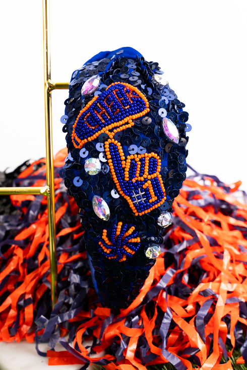 We're #1 Navy and Orange Seed Bead Sequin Knotted Headband