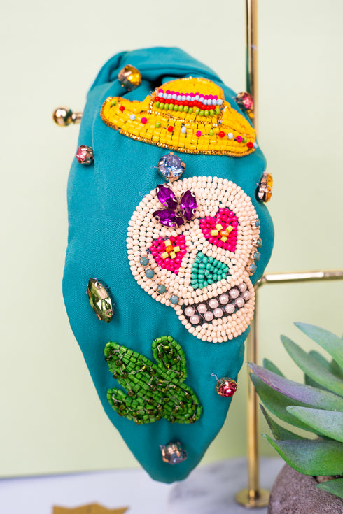 Turquoise Day Of The Dead Seed Bead Knotted Headband