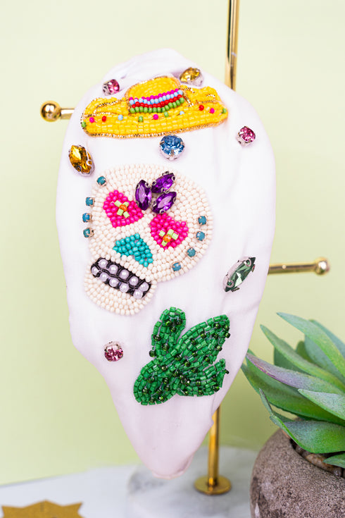 White Day Of The Dead Seed Bead Knotted Headband