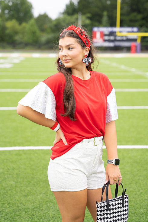 Winning Season Crimson and White Sequin Sleeve Shirt