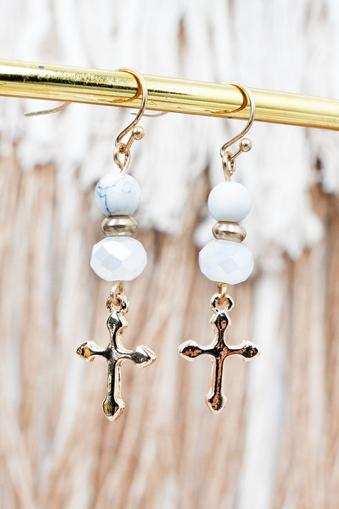 Crystal Avenue White Beaded Redeemed Cross Earrings