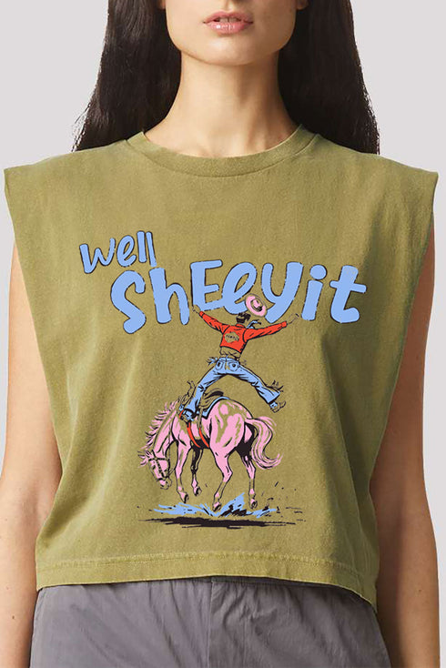 Well Sheeyit Cowboy Women's Garment-Dyed Heavyweight Muscle Tee