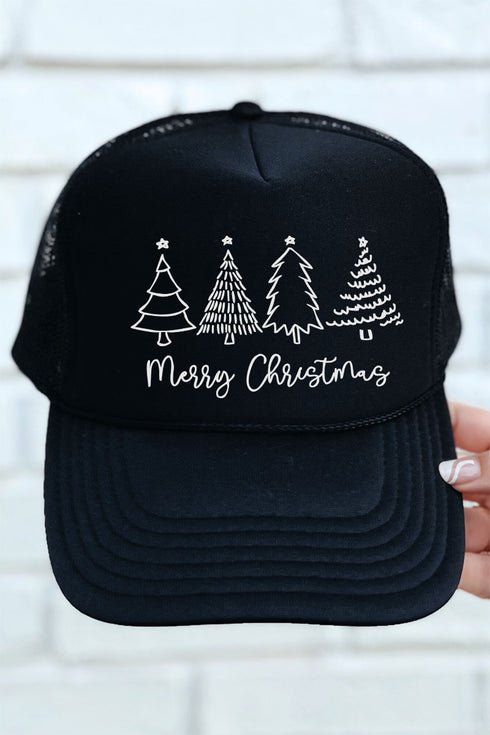 White Merry Christmas Trees Otto Black Foam Front Trucker Hat