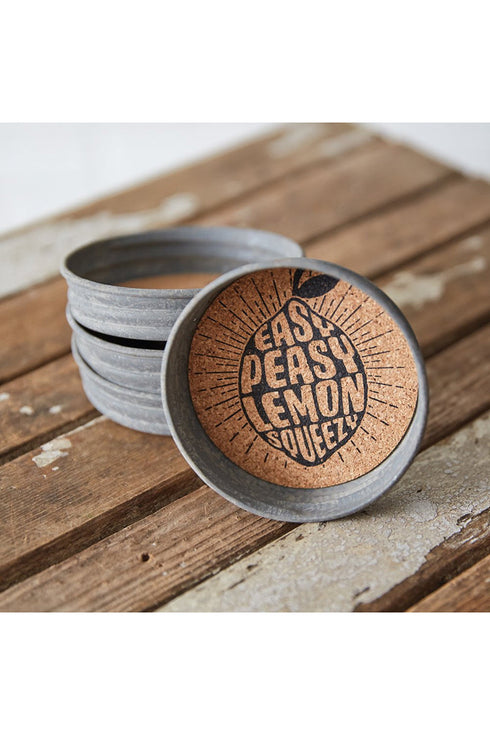 Set of 4 Mason Jar Lid Easy Peasy Lemon Squeezy Coasters, 3.75"