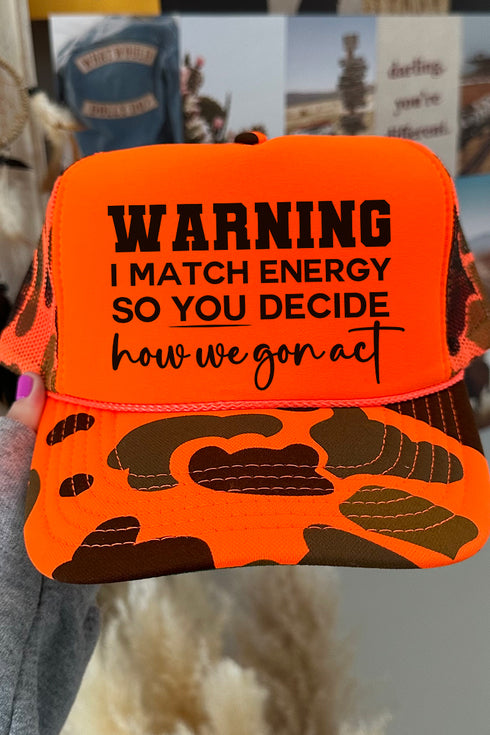 Warning I Match Energy Otto Neon Orange Camo with Solid Foam Front Trucker Hat