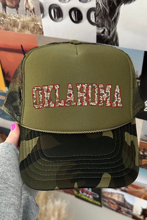 Crimson Oklahoma Camo Otto Camo with Moss Green Foam Front Trucker Hat